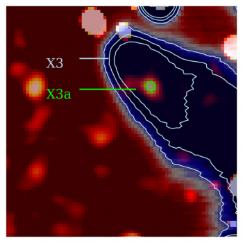 嬰兒恆星X3a和它的外層X3（顯示為藍色），外層受到恆星風吹襲，因此形成雪茄形狀。在不到十年的時間內，團塊可以形成，然後被X3a吞噬