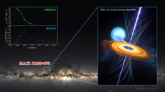 左下小方框中的紅色圓點表示黑洞X射線雙星MAXI J1820+070在銀河系中的大致位置，右側放大圖是黑洞X射線雙星的藝術想像圖，一個恆星（藍色）圍繞黑洞繞轉，它的物質受到黑洞吸引形成吸積盤（黃色），中心區域形成磁場囚禁吸積盤（淺藍色曲線表示磁場）和兩側的噴流（亮紫色）。左上小圖展示觀測到的噴流射電輻射和吸積流內區的X射線隨時間的變化，顯示出8天的延遲