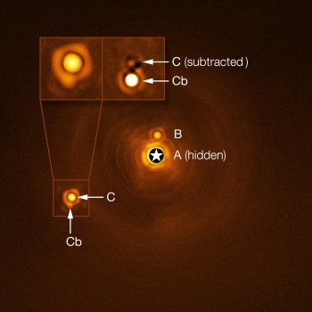 照片展示獨特的恆星系統HIP 81208，此圖由位於智利的歐洲南方天文台的甚大望遠鏡捕捉到。天文學家認為HIP 81208是一個由一顆大質量的中心恆星（A，中心明亮的點），一個繞其運轉的褐矮星（B），和一顆更遠處運轉的低質量恆星（C）組成的系統。然而，一項新的研究發現一個從未見過的隱藏天體：天體（Cb），其質量約為木星的15倍，繞著這兩顆恆星中較小的那一顆（C）運轉