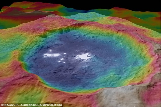 穀神星亮點所在隕石坑的凸顯地形彩色圖