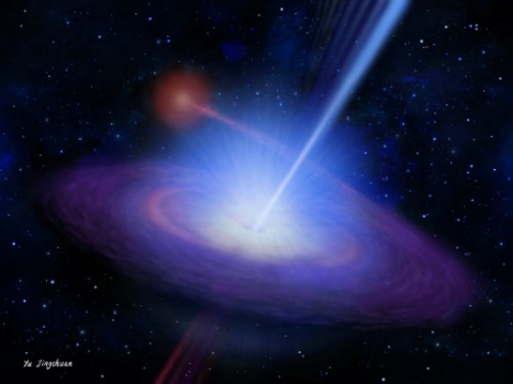 黑洞吸積物質並產生高速物質噴流和吸積盤風的想像圖