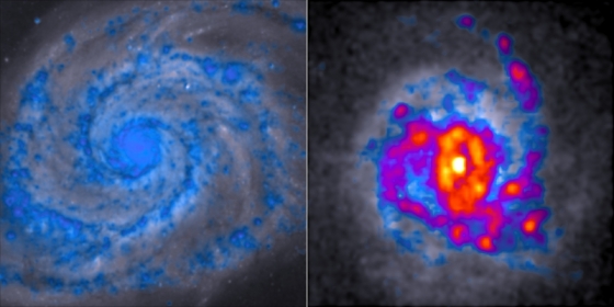藍色區域具有最少而紅黃色區域最有多的恆星形成氣體