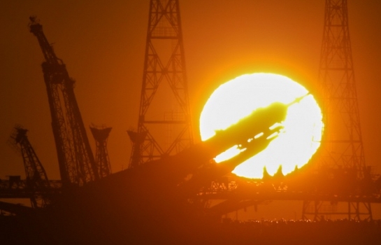 俄羅斯太空船在發射場預備發射的照片