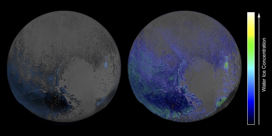藍色顯示冥王星上水冰集中的區域