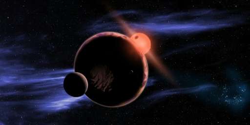 畫家筆下在紅矮星適居帶假想出現有兩顆衛星的系外行星