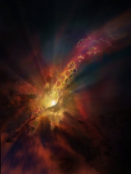 畫家筆下星系際氣體雲向超大質量黑洞落下