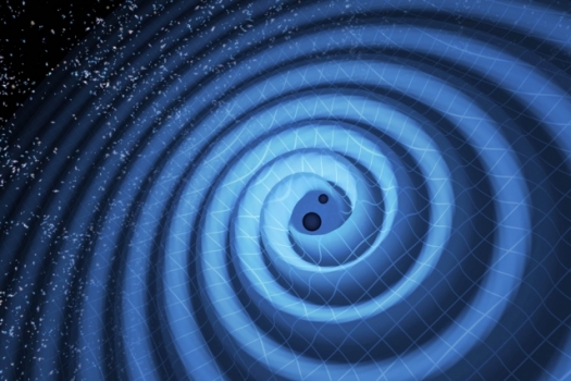 兩個黑洞合併產生的重力波向外紋波示意圖
