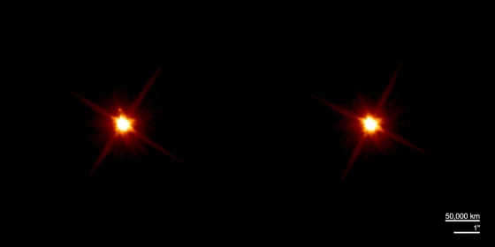鳥神星的衛星出現在左圖但右圖卻看不見