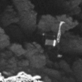 菲萊登陸器卡在彗星表面一個陰暗坑道的形態特寫