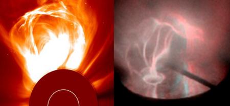 日冕環(左)和實驗室創造的日冕環(右)