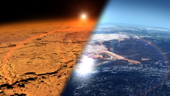現時的火星(左)和早期火星擁有大氣和海洋(右)
