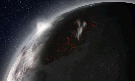 畫家構思的月球雨海盆地岩漿排出的水氣形成大氣層